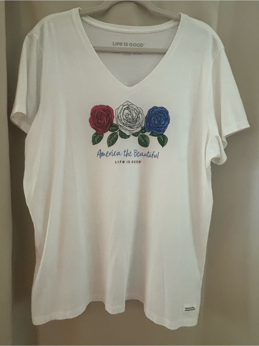 Life Is Good White V-Neck Tee with Red, White & Blue Rose Graphic